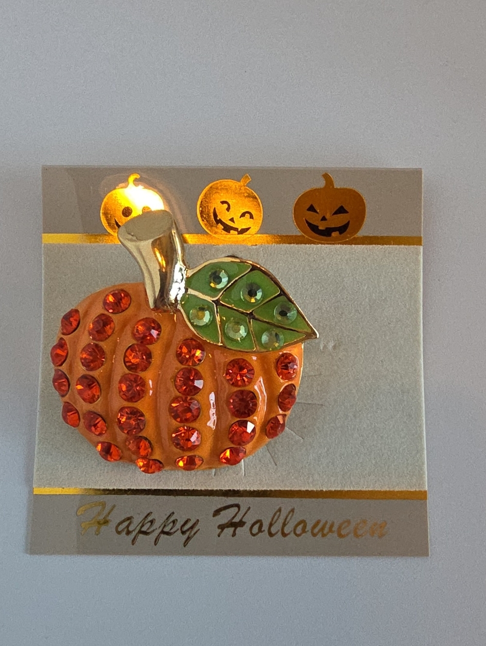 Rhinestone Orange Pumpkin On Gold Tone Metal Pin Pendant NWT 2"